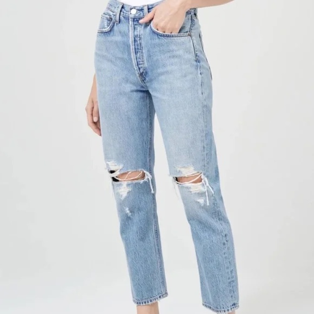 Agolde Women's Riley  Distressed Blue Straight Jeans